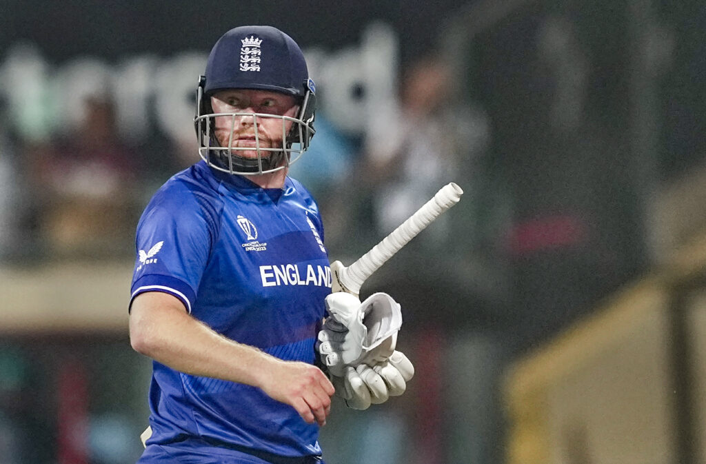 England's Jonny Bairstow returns to the pavilion after being dismissed by South Africas Lungi Ngidi during the ICC Mens Cricket World Cup 2023 match between England and South Africa