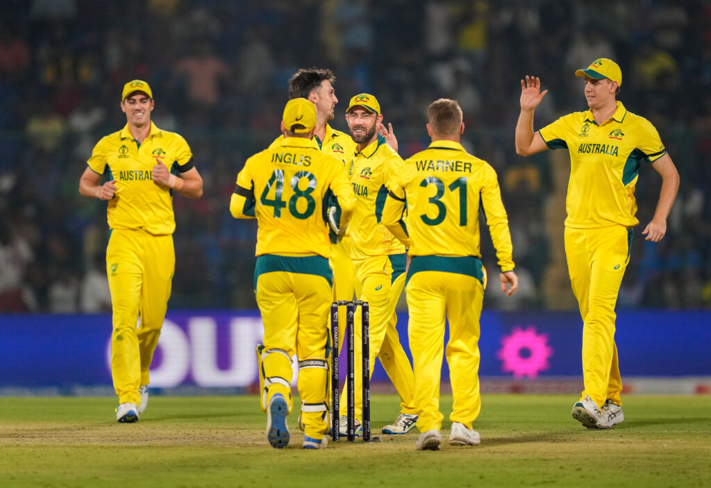 New Delhi: Australian players celebrate a wicket during the Cricket World Cup 2023 match between Australia and Netherlands