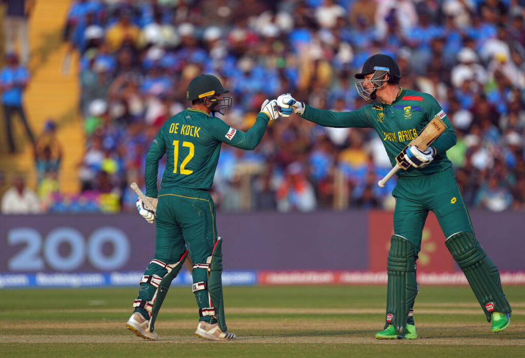 South Africa Quinton de Kock and Rassie van der Dussen during the ICC Men's Cricket World Cup 2023 match between New Zealand and South Africa, at Maharashtra Cricket Association Stadium.