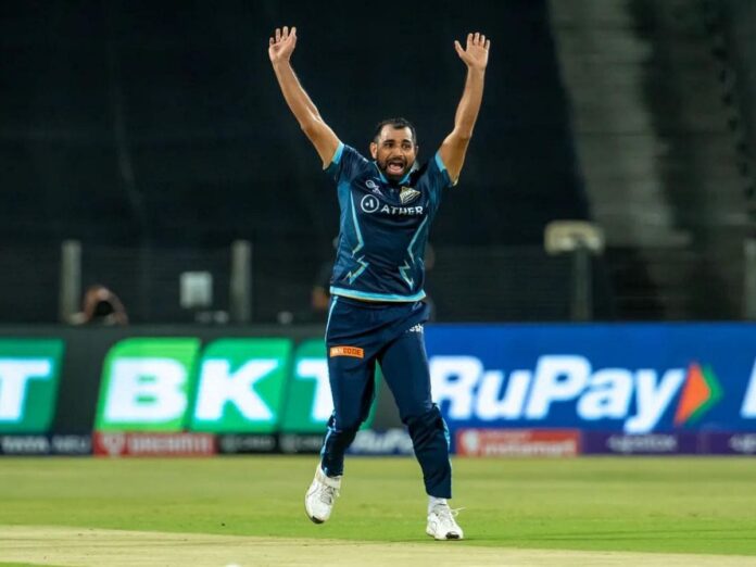 Mohammad Shami bowling during a Gujarat Titans match.