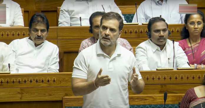 Leader of Opposition Rahul Gandhi speaks in the Lok Sabha during ongoing Parliament session